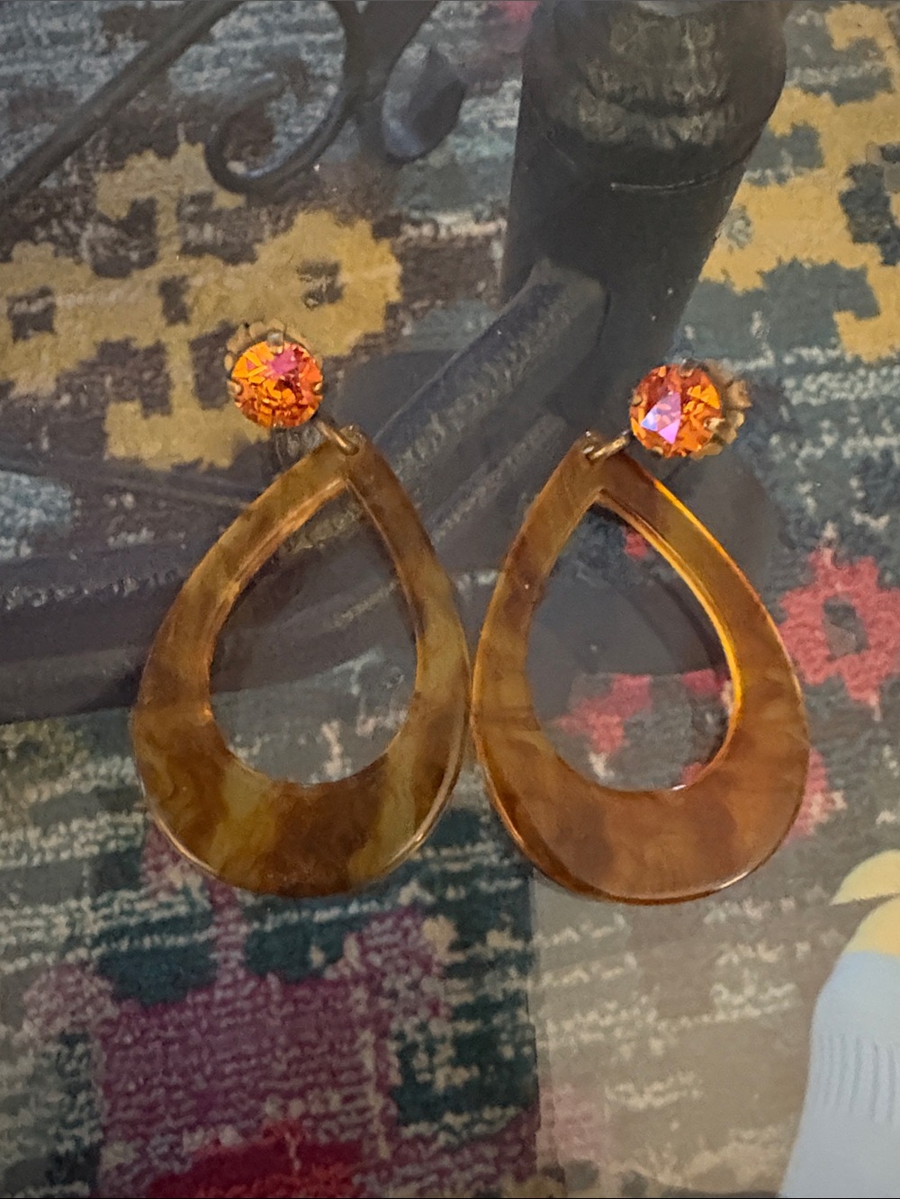 Sabika Amber-Tone Open Teardrop Earrings with Orange Crystal Studs